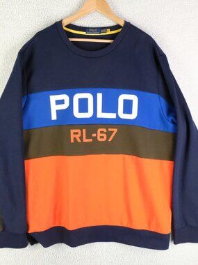 Polo Ralph Lauren Sweatshirt Mens XXL 2XL Blue Orange Striped Rl 67 Sweater